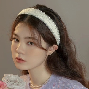 French vintage off-white knitted headband with elegant pearls and tweed texture for women