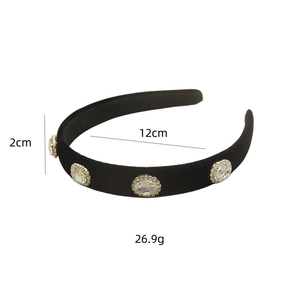 Detail showing 2cm wide black velvet headband with four oval rhinestones and dimensions
