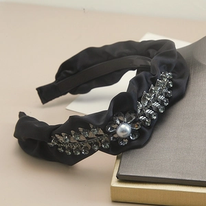 Luxurious black pleated satin headband with rhinestone leaf and grey faux pearl decor