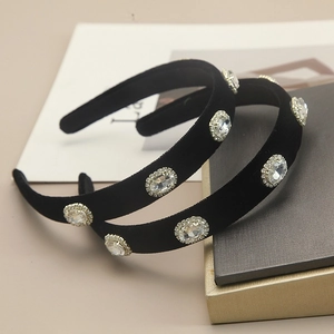 French Vintage Black Velvet Headband With Oval Rhinestones Elegant Padded Hairband For Women Fashion Hair Accessories Gift
