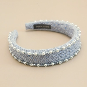 Light blue tweed headband with white pearls and sparkling crystal beads for women
