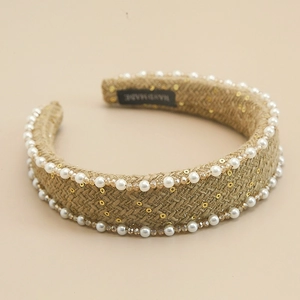 French vintage knit headband with pearls and gold sequins for an elegant high crown look