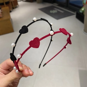 Vintage Velvet Heart Headband With Imitation Artificial Pearl Elegant Hair Band For Women Sweet Hair Accessories Wine Red Black