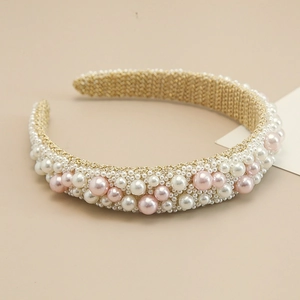 Elegant baroque braided headband with pink and white pearls for women's hair styling