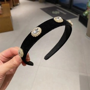 French retro velvet headband with oval crystals and gold metal settings for women