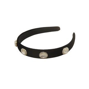 Elegant black velvet headband with oval crystal embellishments in a vintage retro style