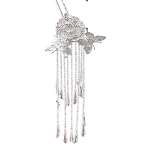 Ancient style silver butterfly tassel hair pin with floral motifs and dangling beads