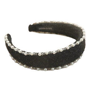 French vintage black knitted headband with pearls and hand made label for high skull top
