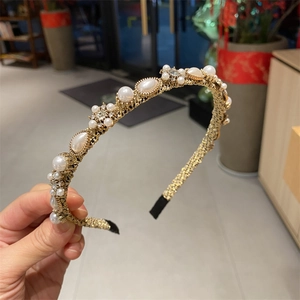 Vintage Handmade Flower Faux Artificial Pearl Headband Elegant Rhinestone Gold Alloy Hair Hoop For Women Wedding Party Hair Accessory