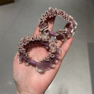 Lot de deux chouchous en dentelle violet foncé avec bordure dorée élégante pour femmes