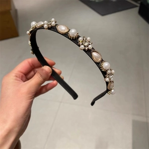 Elegant French style headband with white pearls and rhinestone flowers on black frame