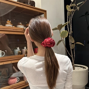 Dettaglio dell'elastico a rosa rossa in tessuto indossato su una coda di cavallo alta