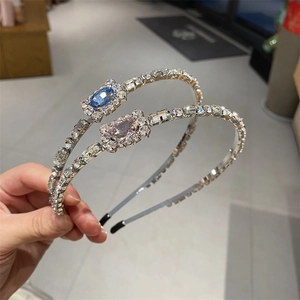 Vintage Alloy Rhinestone Headband For Women Elegant Thin Metal Hair Hoop With Oval Blue Pink Crystal Decorative Hair Accessories