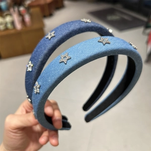 Serre-tête en Tissu Denim avec Étoiles en Strass pour Femmes Bandeau Style Coréen Doux Accessoires de Cheveux Fait Main