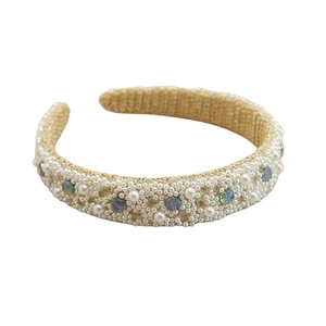 Baroque wide headband with pearls and blue crystal beads on golden woven base