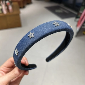 Serre-tête en denim rembourré avec cristaux de zircon en étoile pour un style chic