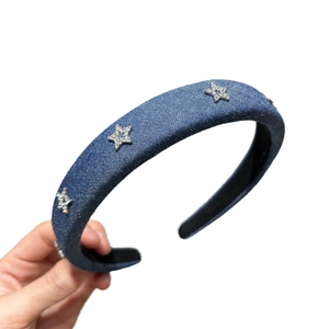 Serre-tête rembourré en denim bleu foncé orné d'étoiles en zircon pour femmes