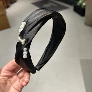 Elegant French style black satin twisted headband with pearls and crystal bow detail