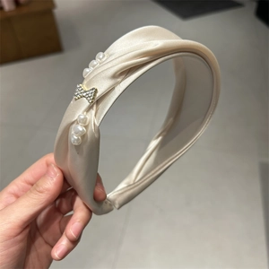 French vintage champagne satin headband with pearls and rhinestone bow accessory