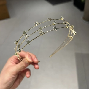 Detail of a triple-layer gold metal headband featuring stars and clear rhinestones