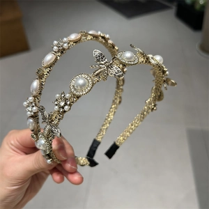 Vintage Baroque Bee Artificial Pearl Rhinestone Headband Elegant Gold Alloy Hair Hoop For Women Wedding Party Hair Accessories