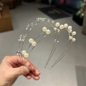 Double Layer Metal Thin Headband With Faux Artificial Pearl Rhinestone Simple Elegant Hair Hoop Accessory For Women Wedding Party