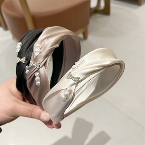 French Vintage Satin Wide Headband With Artificial Pearl Rhinestone Bow Knot Elegant Hair Accessories For Women Daily Party Hairband