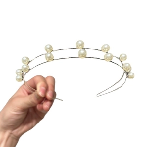 Elegant double layer silver metal headband with white pearls for women hair accessories
