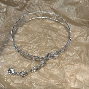 Elegante Legierung Strass Doppelschicht Wassertropfen Anhänger Choker Kette Silber Glitzernde Quaste Halsband Für Damen Party Schmuck