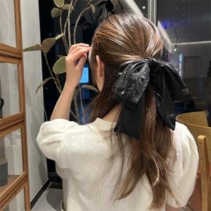 Detail einer großen schwarzen Organza-Schleife mit Strasssteinen am Pferdeschwanz