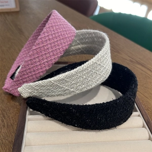 French Vintage Tweed Padded Headband For Women Wide Woven Fabric Hair Band Elegant Retro Hair Accessories