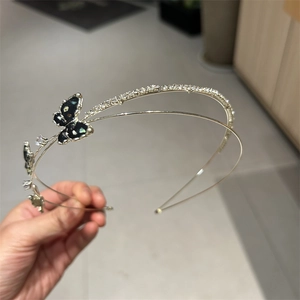 Elegant double-layered metal headband with black enamel butterfly and sparkling rhinestones