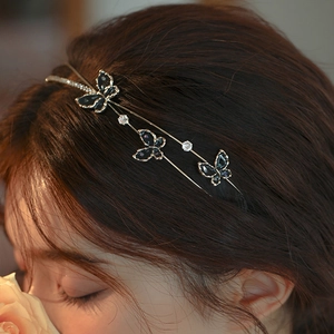 Double-layer gold headband with black butterfly charms and sparkling zircon accents