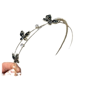 Handheld vintage gold double-layer headband with black butterflies and sparkling zircons