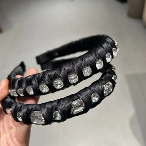 Elegant black satin headband with sparkling square and round rhinestones for women