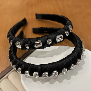 Elegant black satin headbands with sparkling rhinestones in rectangular and round shapes