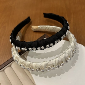 Elegant set of black and beige fabric headbands with rhinestones and faux pearls