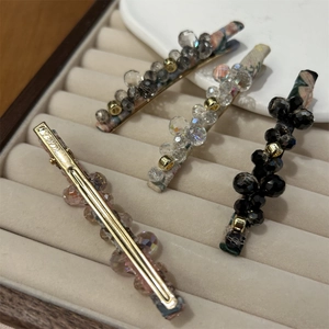 Set of four handmade crystal hair clips with floral fabric and vintage beads from Korea