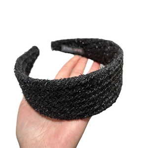 Classic black tweed headband with silver glitter thread and handmade wide-brim design