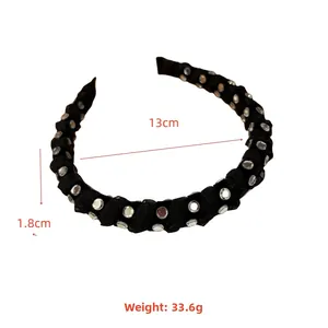 Detail showing 1.8cm wide black fabric headband with dense silver rhinestone embellishments