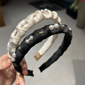 Elegant French Satin Wrapped Hairband With Imitation Artificial Pearls Gold Beads Vintage High Top Headband For Women Hair Accessories