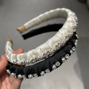 Elegant fabric wrapped crystal and pearl headband set in cream and black colors