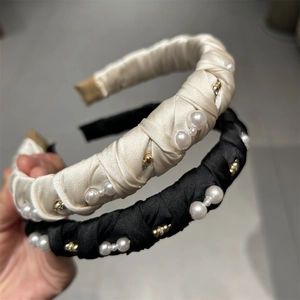 Elegant twisted black and cream satin headbands with pearls for high-skull hairstyles