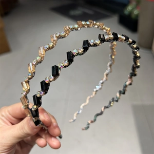 Serre-tête Fin en Cristal Artificiel à Perles Tempérament Doux Coréen Imprimé Floral Strass Serre-tête Ondulé Accessoires de Mode Femme