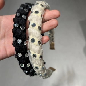 Chic pleated wide headbands with sparkling rhinestones in black and cream beige colors
