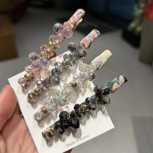 Handmade Beaded Hair Clip Retro Crystal Geometric Duckbill Clip Fabric Wrapped Floral Hairpin For Women Daily Accessories