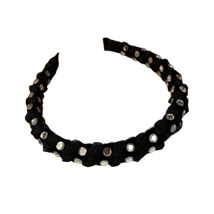 Elegant black pleated headband with silver rhinestones for a sophisticated look
