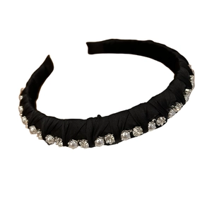 Elegant black satin headband with embedded pearls and sparkling rhinestones for hair
