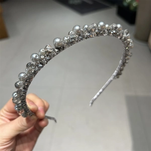 Luxurious handmade headband with silver crystal beads and grey faux pearls on metal frame