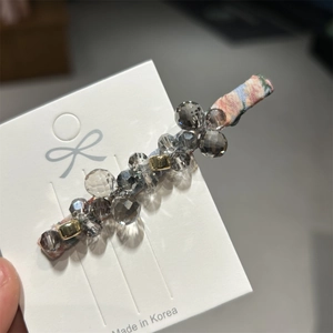 Handmade Korean crystal beaded hair clip with gray faceted beads and floral fabric base